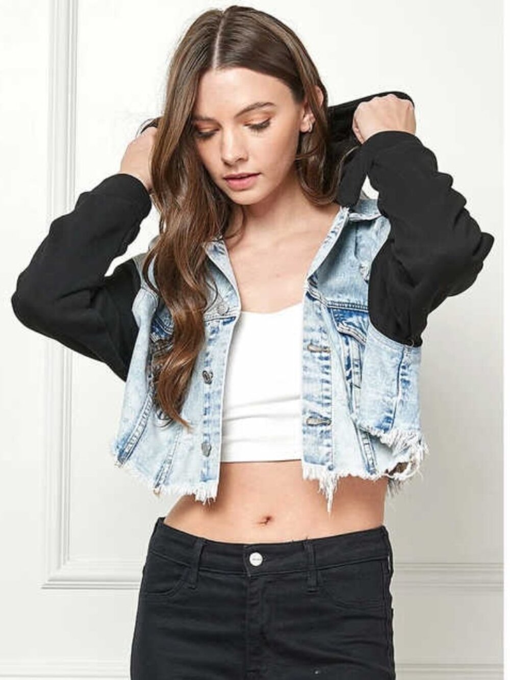 Contrast Cropped Denim Hood Jacket